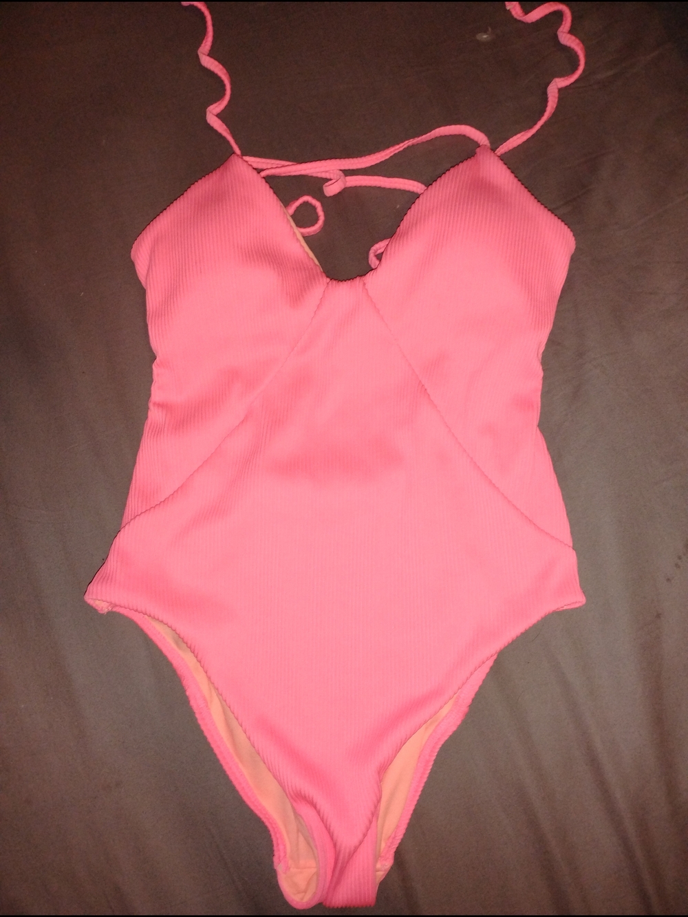 Neon Coral Ribbed Lace-Up Halter Monokini By SO, Size M